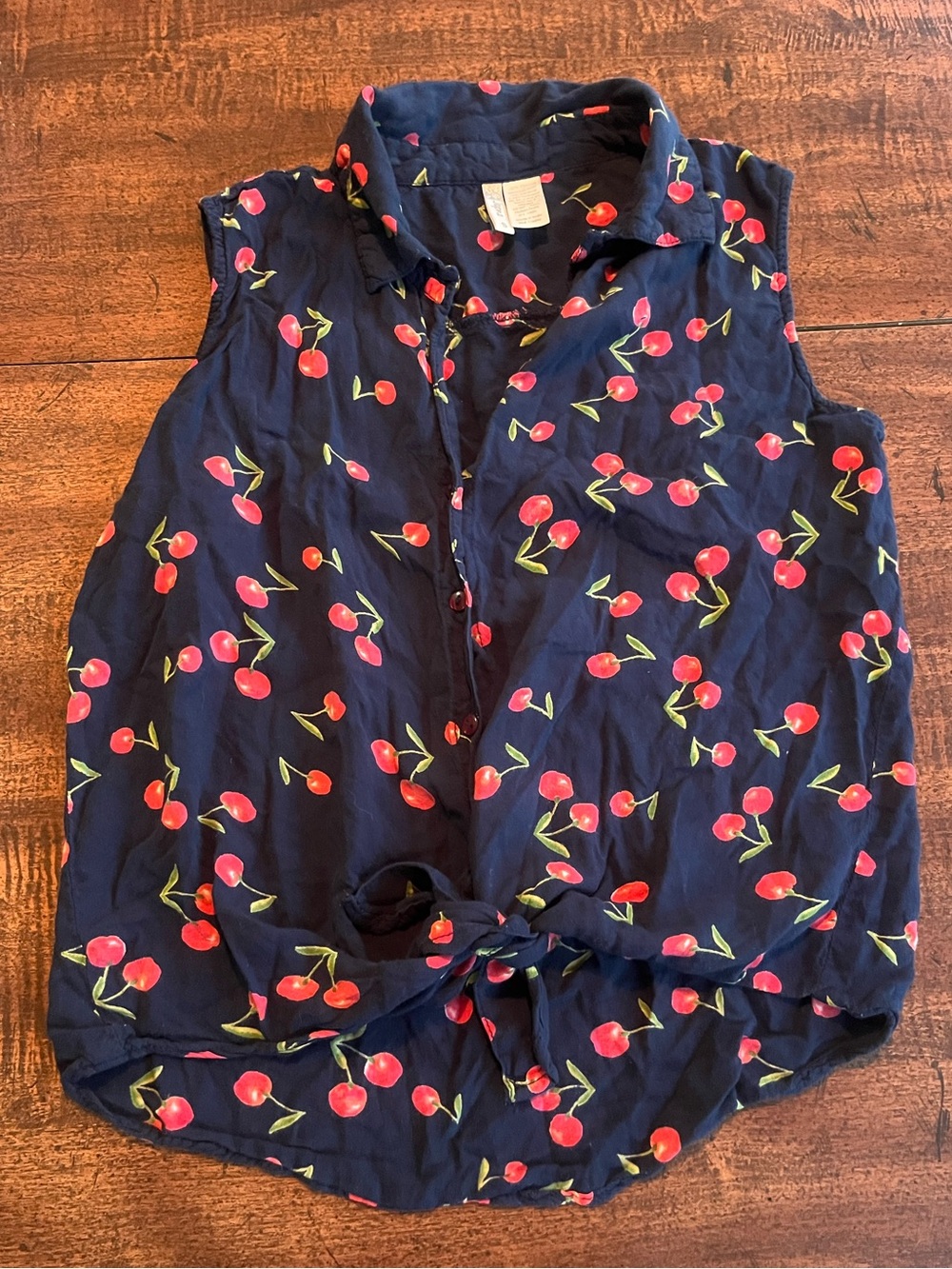 Japna Y2K Cherry Print Tie Front Top Small Navy Blue Sleeveless 100% Viscose